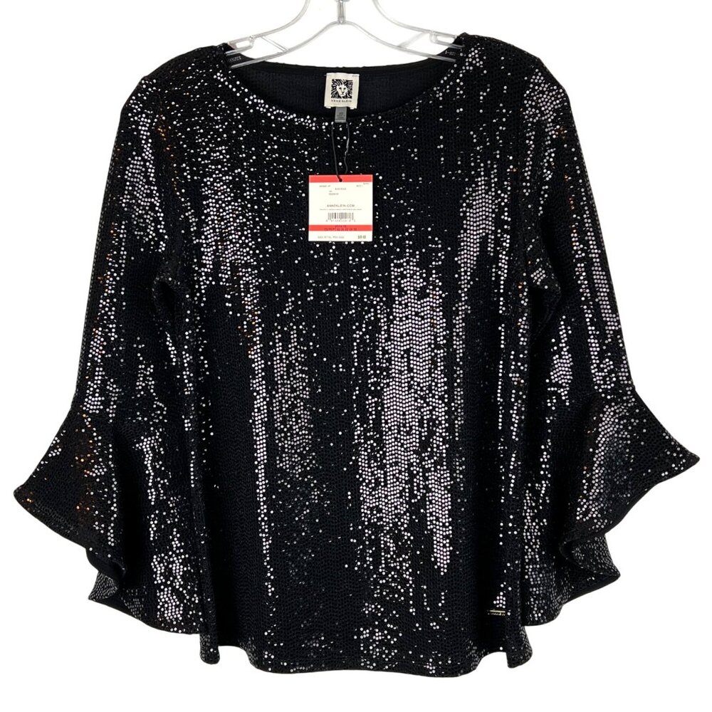 NWTs Anne Klein Womens Sequin Bell Sleeve Top Black w/ Black Sequins Size XS